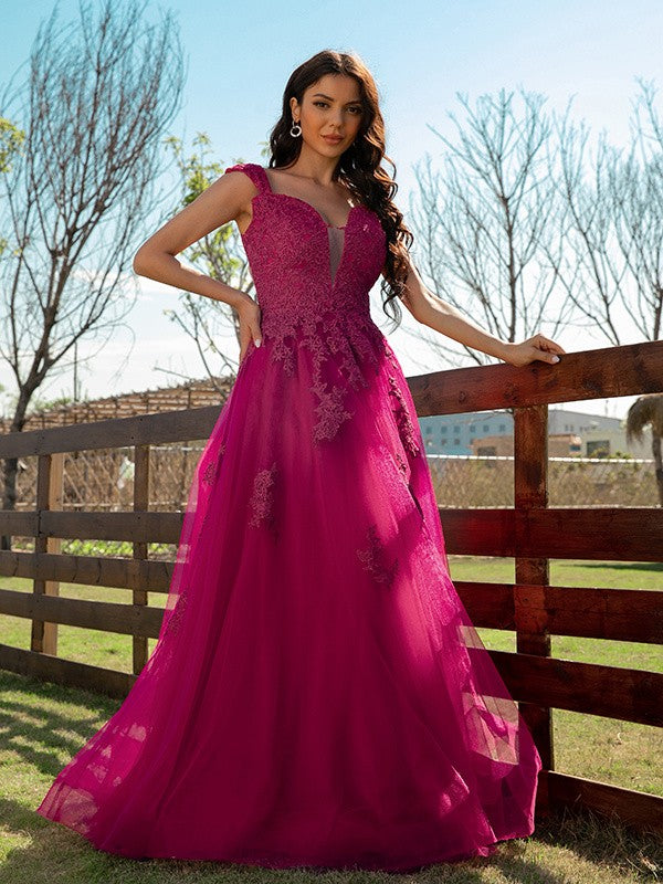 A-Line/Princess Tulle Applique V-neck Sleeveless Floor-Length Dresses Prom Evening Dress Ball Gowns