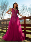 A-Line/Princess Tulle Applique V-neck Sleeveless Floor-Length Dresses Prom Evening Dress Ball Gowns
