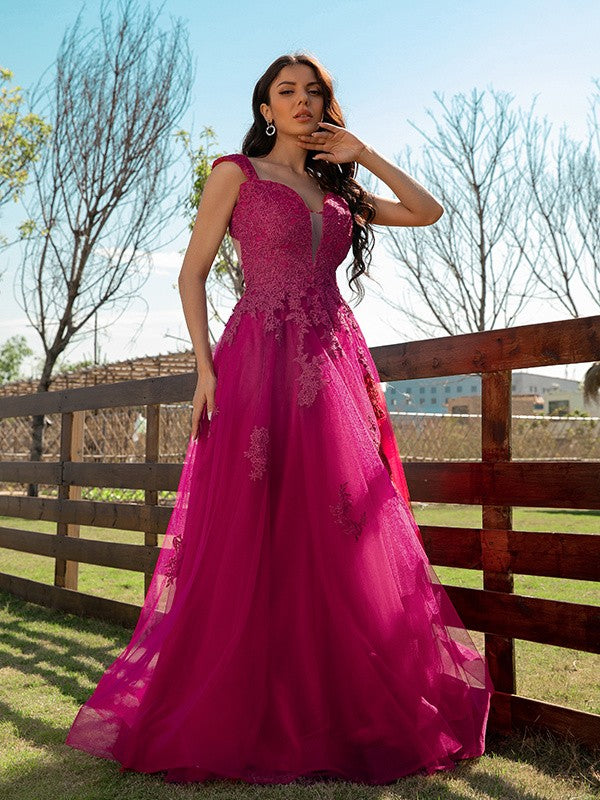 A-Line/Princess Tulle Applique V-neck Sleeveless Floor-Length Dresses Prom Evening Dress Ball Gowns