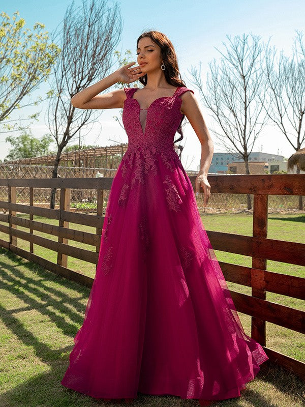 A-Line/Princess Tulle Applique V-neck Sleeveless Floor-Length Dresses Prom Evening Dress Ball Gowns