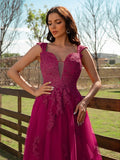 A-Line/Princess Tulle Applique V-neck Sleeveless Floor-Length Dresses Prom Evening Dress Ball Gowns