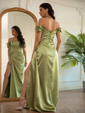 Sheath/Column Silk like Satin Ruched Off-the-Shoulder Sleeveless Floor-Length Dresses Prom Evening Dress