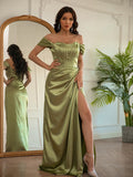 Sheath/Column Silk like Satin Ruched Off-the-Shoulder Sleeveless Floor-Length Dresses Prom Evening Dress