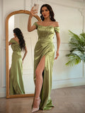 Sheath/Column Silk like Satin Ruched Off-the-Shoulder Sleeveless Floor-Length Dresses Prom Evening Dress