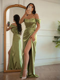 Sheath/Column Silk like Satin Ruched Off-the-Shoulder Sleeveless Floor-Length Dresses Prom Evening Dress