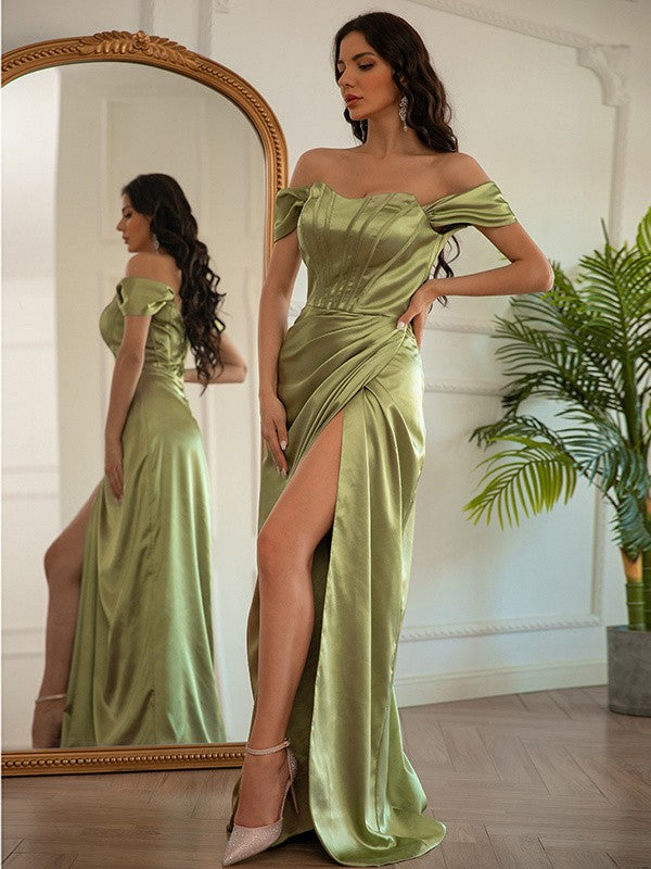 Sheath/Column Silk like Satin Ruched Off-the-Shoulder Sleeveless Floor-Length Dresses Prom Evening Dress