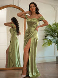 Sheath/Column Silk like Satin Ruched Off-the-Shoulder Sleeveless Floor-Length Dresses Prom Evening Dress