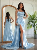 Sheath/Column Silk like Satin Ruched Spaghetti Straps Sleeveless Sweep/Brush Train Dresses Evening Prom Dress