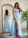 Sheath/Column Silk like Satin Ruched Spaghetti Straps Sleeveless Sweep/Brush Train Dresses Evening Prom Dress