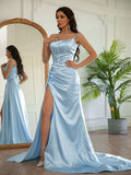 Sheath/Column Silk like Satin Ruched Spaghetti Straps Sleeveless Sweep/Brush Train Dresses Evening Prom Dress