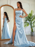 Sheath/Column Silk like Satin Ruched Spaghetti Straps Sleeveless Sweep/Brush Train Dresses Evening Prom Dress