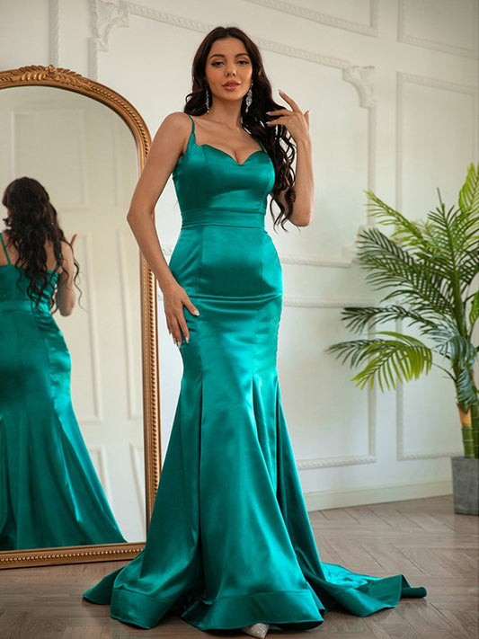 Sheath/Column Silk like Satin Ruched V-neck Sleeveless Sweep/Brush Train Dresses Prom Evening Dress