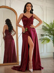 A-Line/Princess Silk like Satin Ruched V-neck Sleeveless Sweep/Brush Train Dresses Prom Evening Dress