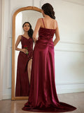 A-Line/Princess Silk like Satin Ruched V-neck Sleeveless Sweep/Brush Train Dresses Prom Evening Dress