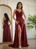 A-Line/Princess Silk like Satin Ruched V-neck Sleeveless Sweep/Brush Train Dresses Prom Evening Dress
