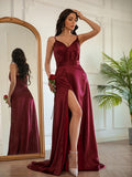A-Line/Princess Silk like Satin Ruched V-neck Sleeveless Sweep/Brush Train Dresses Prom Evening Dress
