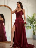 A-Line/Princess Silk like Satin Ruched V-neck Sleeveless Sweep/Brush Train Dresses Prom Evening Dress