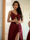 A-Line/Princess Silk like Satin Ruched V-neck Sleeveless Sweep/Brush Train Dresses Prom Evening Dress