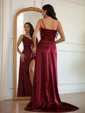 A-Line/Princess Silk like Satin Ruched V-neck Sleeveless Sweep/Brush Train Dresses Prom Evening Dress