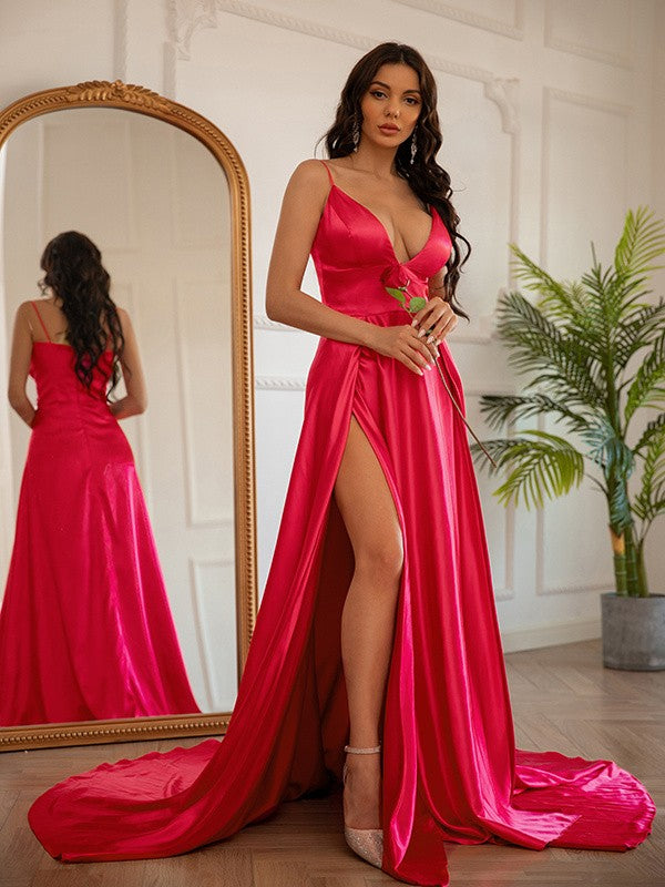 Vestido de noche de graduación de corte A/princesa, de satén tipo seda, fruncido, escote en V, sin mangas, con cola larga