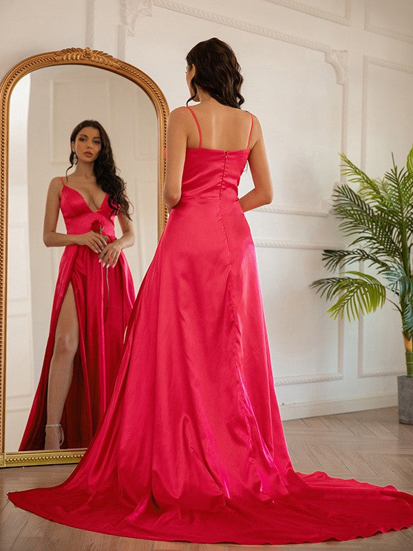 Vestido de noche de graduación de corte A/princesa, de satén tipo seda, fruncido, escote en V, sin mangas, con cola larga
