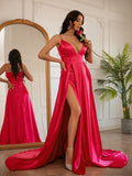 Vestido de noche de graduación de corte A/princesa, de satén tipo seda, fruncido, escote en V, sin mangas, con cola larga