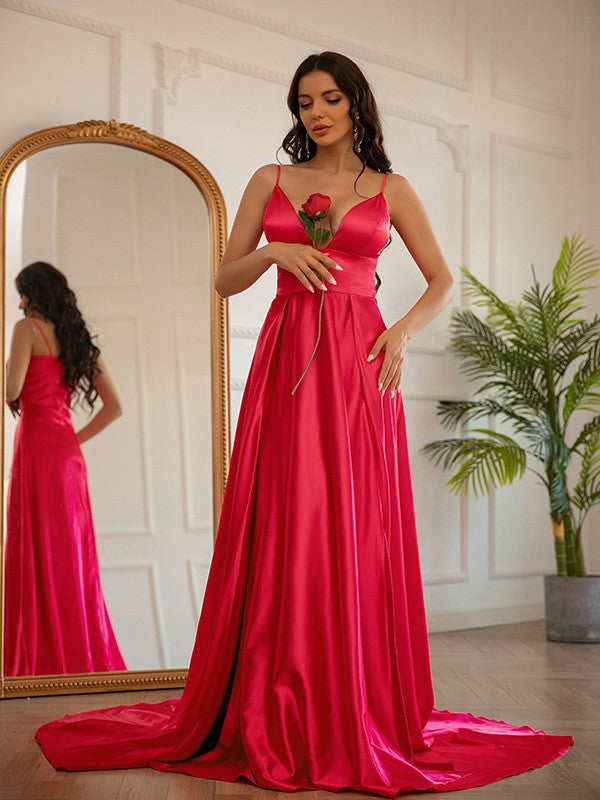 Vestido de noche de graduación de corte A/princesa, de satén tipo seda, fruncido, escote en V, sin mangas, con cola larga