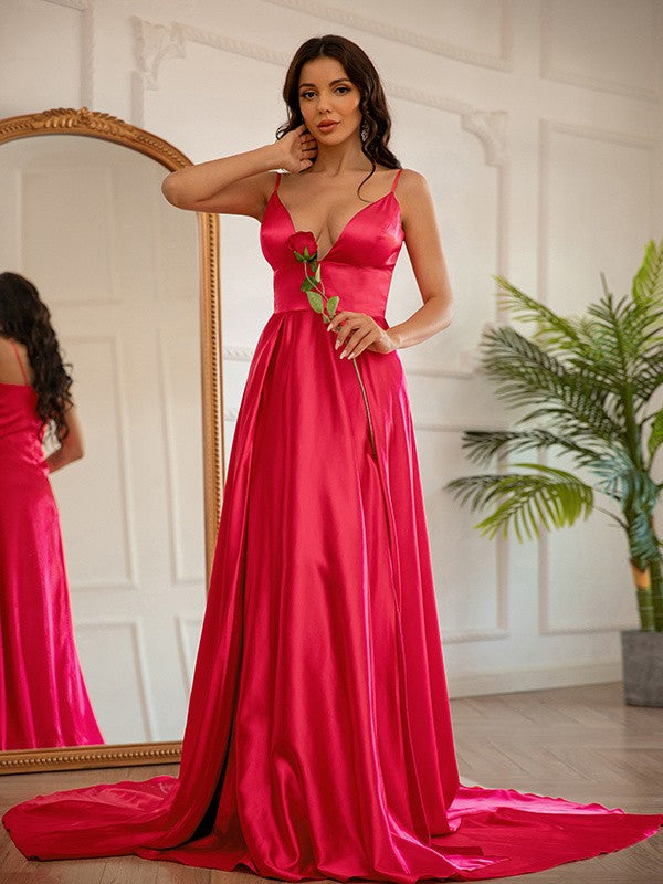 Vestido de noche de graduación de corte A/princesa, de satén tipo seda, fruncido, escote en V, sin mangas, con cola larga