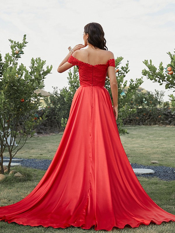 Vestido de fiesta de noche de dos piezas, corte A/princesa, satén tipo seda, apliques, hombros descubiertos, sin mangas, cola larga