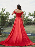 Vestido de fiesta de noche de dos piezas, corte A/princesa, satén tipo seda, apliques, hombros descubiertos, sin mangas, cola larga