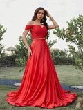 Vestido de fiesta de noche de dos piezas, corte A/princesa, satén tipo seda, apliques, hombros descubiertos, sin mangas, cola larga