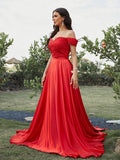 Vestido de fiesta de noche de dos piezas, corte A/princesa, satén tipo seda, apliques, hombros descubiertos, sin mangas, cola larga