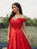 Vestido de fiesta de noche de dos piezas, corte A/princesa, satén tipo seda, apliques, hombros descubiertos, sin mangas, cola larga