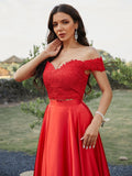 Vestido de fiesta de noche de dos piezas, corte A/princesa, satén tipo seda, apliques, hombros descubiertos, sin mangas, cola larga