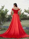 Vestido de fiesta de noche de dos piezas, corte A/princesa, satén tipo seda, apliques, hombros descubiertos, sin mangas, cola larga