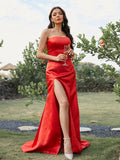 Vestido de noche de fiesta con corte tubo/columna, satén, fruncido, sin tirantes, sin mangas, con cola larga