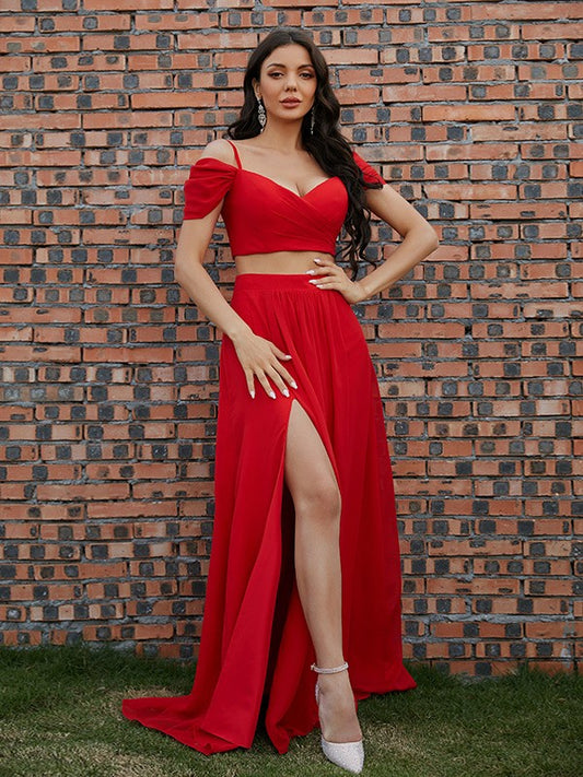 Vestido de fiesta de noche de dos piezas, corte A/princesa, de gasa, con volantes, escote en V, sin mangas, con cola larga