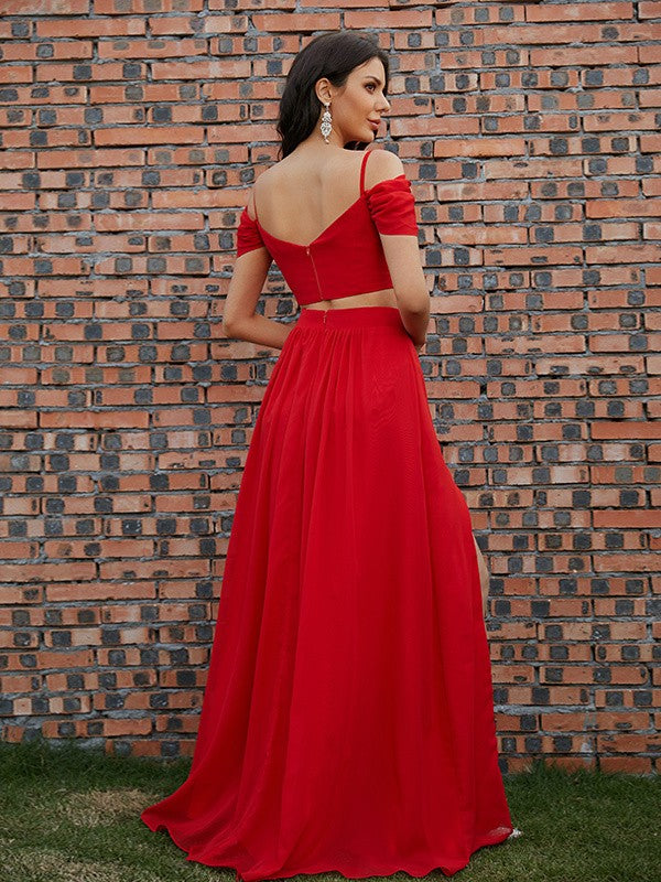 A-Line/Princess Chiffon Ruffles V-neck Sleeveless Sweep/Brush Train Two Piece Dresses Prom Evening Dress