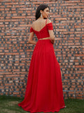 A-Line/Princess Chiffon Ruffles V-neck Sleeveless Sweep/Brush Train Two Piece Dresses Prom Evening Dress