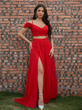 A-Line/Princess Chiffon Ruffles V-neck Sleeveless Sweep/Brush Train Two Piece Dresses Prom Evening Dress
