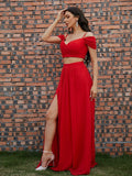 A-Line/Princess Chiffon Ruffles V-neck Sleeveless Sweep/Brush Train Two Piece Dresses Prom Evening Dress