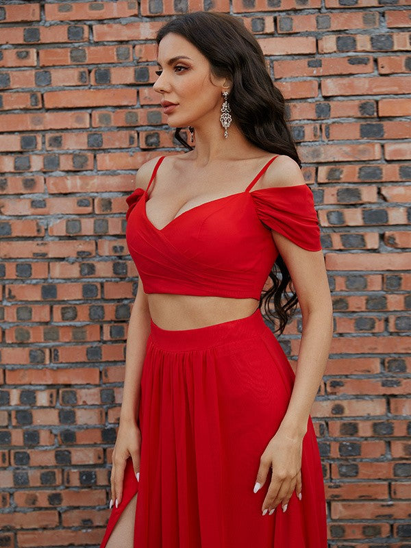 A-Line/Princess Chiffon Ruffles V-neck Sleeveless Sweep/Brush Train Two Piece Dresses Prom Evening Dress
