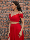 A-Line/Princess Chiffon Ruffles V-neck Sleeveless Sweep/Brush Train Two Piece Dresses Prom Evening Dress