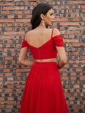 A-Line/Princess Chiffon Ruffles V-neck Sleeveless Sweep/Brush Train Two Piece Dresses Prom Evening Dress