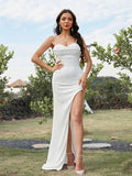 Vestido de fiesta de noche con corte en forma de tubo, charmeuse, fruncido, escote corazón, sin mangas, con cola larga