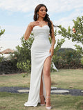 Vestido de fiesta de noche con corte en forma de tubo, charmeuse, fruncido, escote corazón, sin mangas, con cola larga