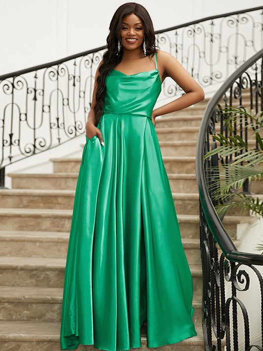 A-Line/Princess Silk like Satin Ruffles Spaghetti Straps Sleeveless Sweep/Brush Train Dresses Prom Evening Dress