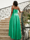 A-Line/Princess Silk like Satin Ruffles Spaghetti Straps Sleeveless Sweep/Brush Train Dresses Prom Evening Dress