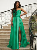 A-Line/Princess Silk like Satin Ruffles Spaghetti Straps Sleeveless Sweep/Brush Train Dresses Prom Evening Dress