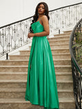 A-Line/Princess Silk like Satin Ruffles Spaghetti Straps Sleeveless Sweep/Brush Train Dresses Prom Evening Dress